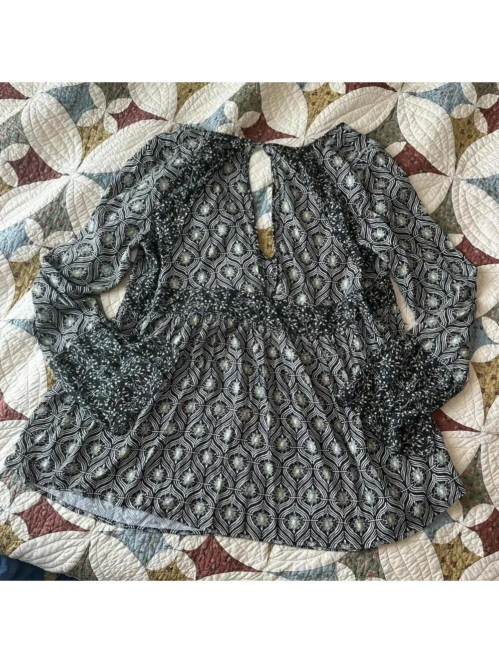Free People Rolling Hills Tunic Blouse Babydoll Floral Geometric V-Neck